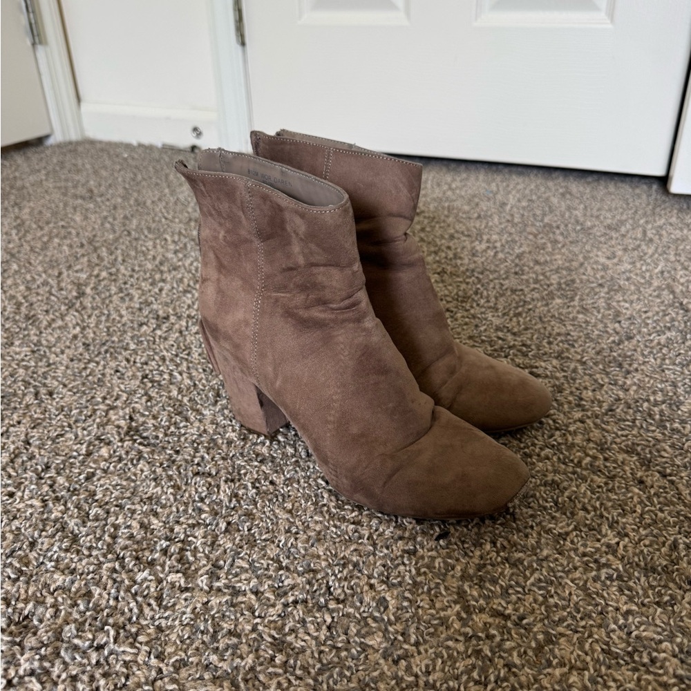 Suede Block Heel Ankle Boots in Taupe